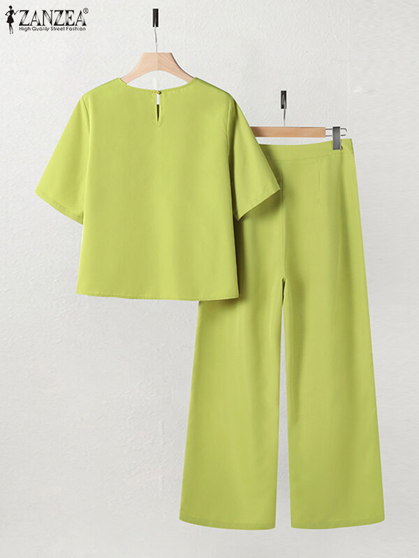 2024 zanzea กางเกงขายาวแขนสั้นสำหรับฤดูร้อนเซ็ต2ชิ้นเสื้อผู้หญิงทำงานสีพื้นชุดเข้าชุด