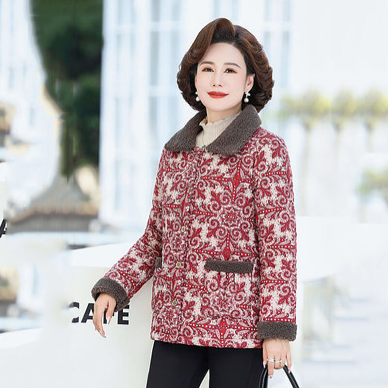 Модная теплая зимняя флисовая подкладка для свекрови для женщин среднего и пожилого возраста с принтом в иностранном стиле.