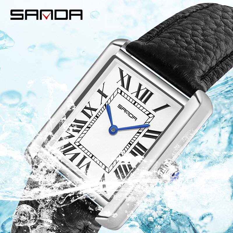 SANDA-Relojes de pulsera rectangulares para mujer, caja plateada, relojes de marca de lujo, banda de cuero genuino, reloj de cuarzo