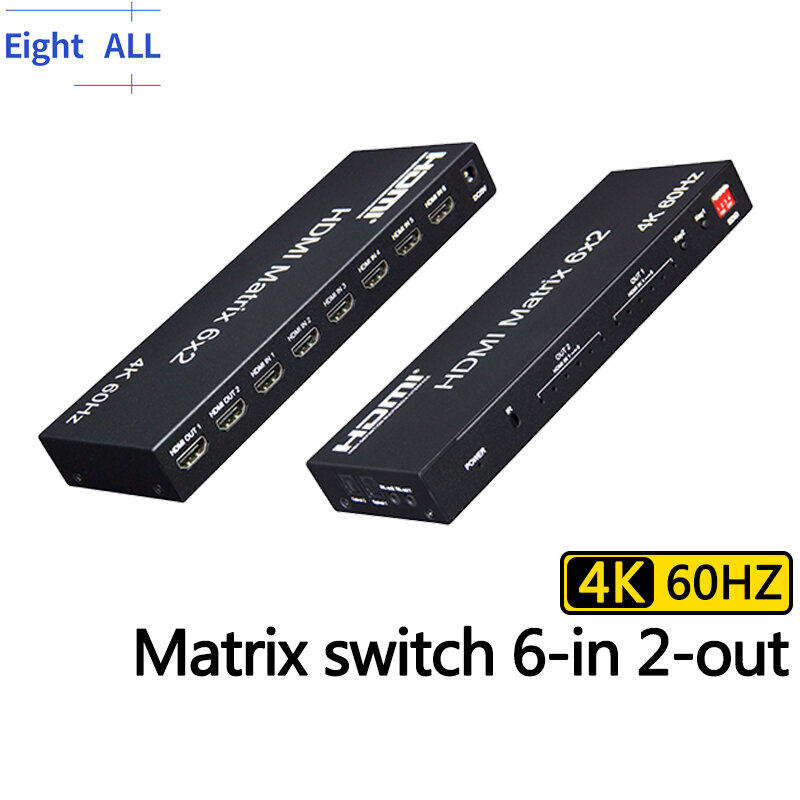 Sakelar matriks HDMI 6x2 4K 60Hz, sakelar Video 6 in 2 out dengan ekstraktor Audio R/L optik untuk monitor PC