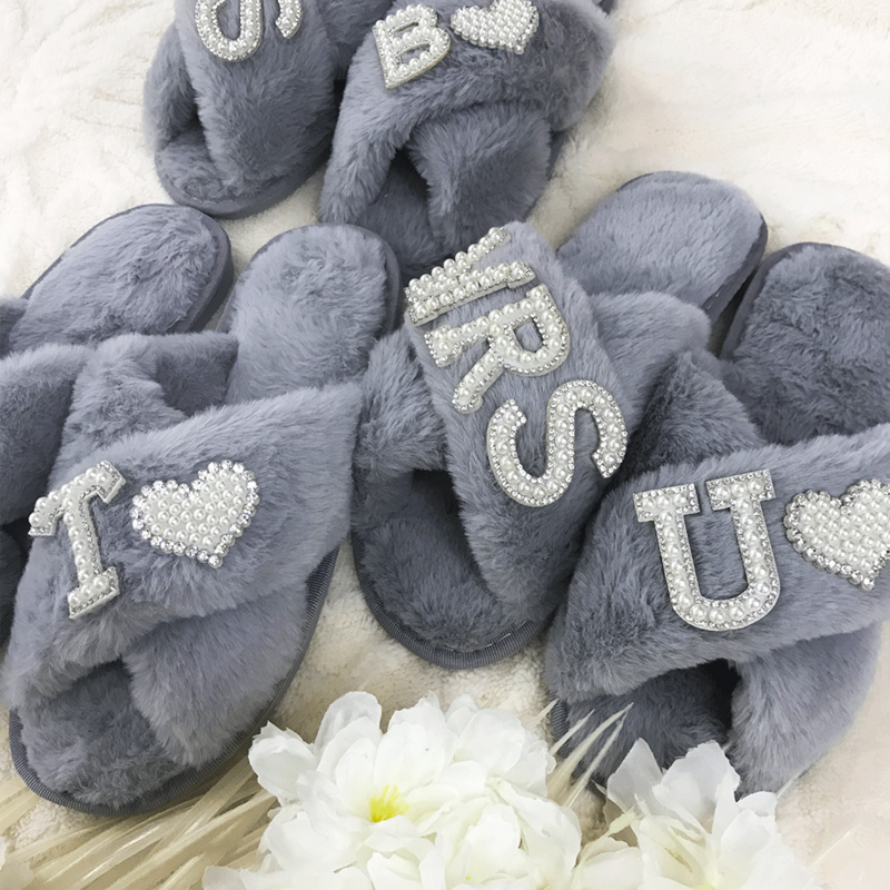 Dark Gray Slipper Rhinestone Letters MRS A-Z Crossed Plush Slippers Women's Slippers Home Bedroom Bride Wedding Shoes Warm Shoes