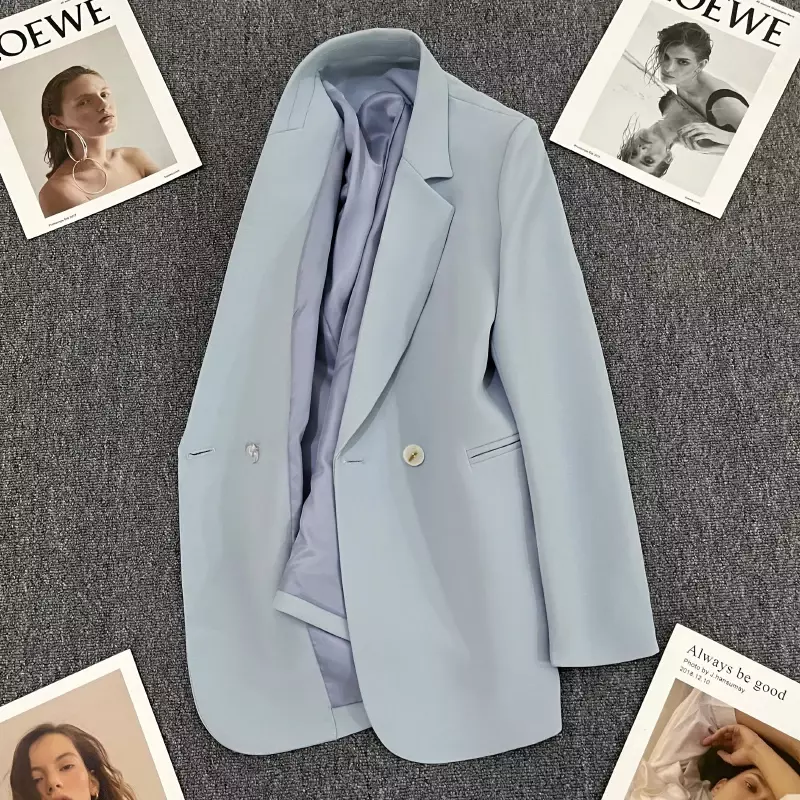 Blazer ajustado de manga larga para mujer, chaqueta elegante con muescas, botones, color azul, 2023