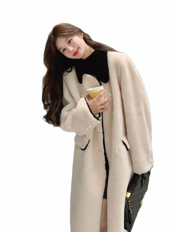 Koreańska średniej długości wełna jagnięca kurtka damska nowa koreańska seria delikatna z polarem z kurtka podszyta bawełną futerkiem zintegrowana