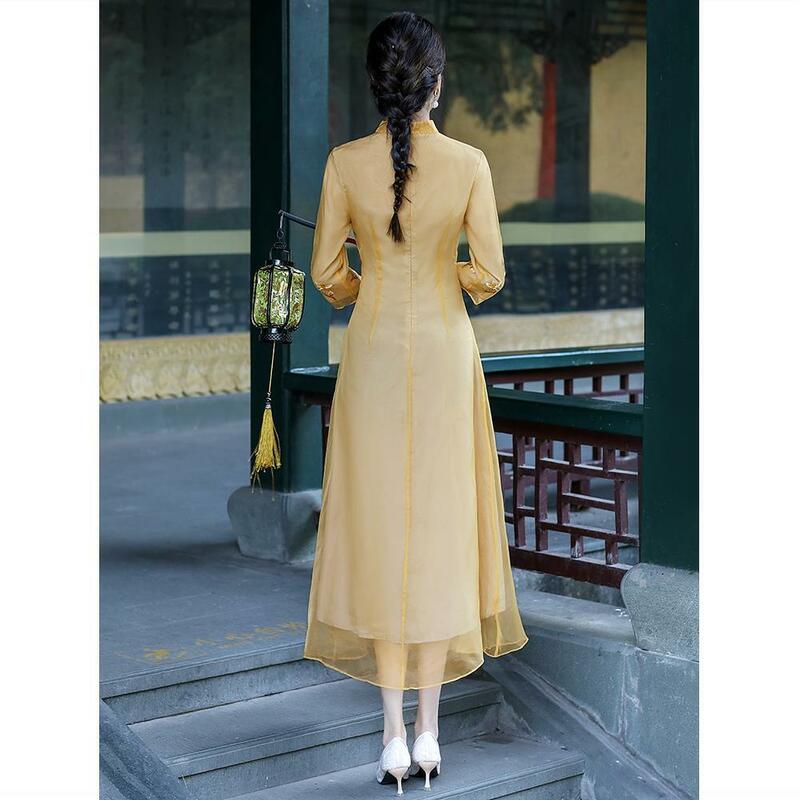 Cheongsam melhorado em estilo chinês para jovem senhora, vestido bordado com temperamento, vestido feminino de chiffon, vestido qipao