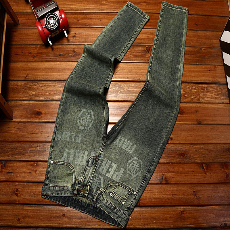 High end light luxury printed new jeans MEN'S slim fit straight leg elastic fashion versatile retro casual denim long pants