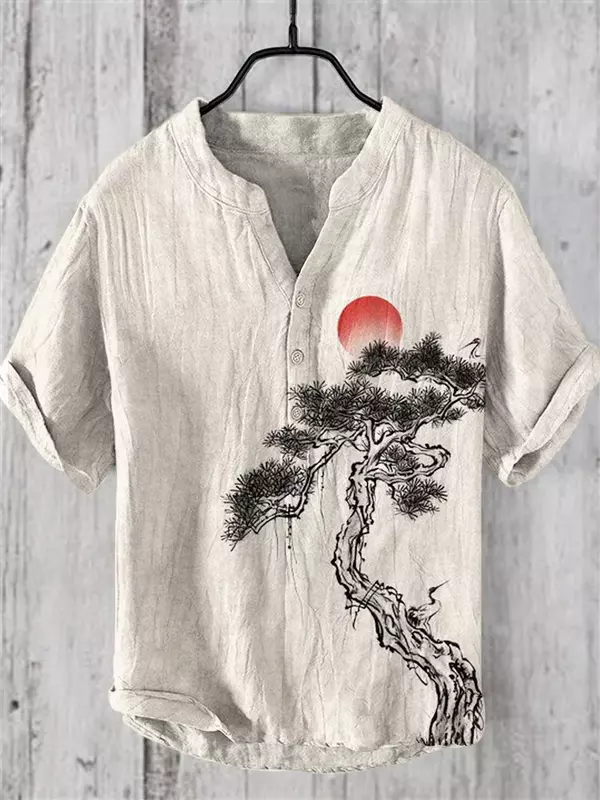 Nascer do sol camisa de arte japonesa masculina, camisa casual, manga curta, gola banda, Henley Tops