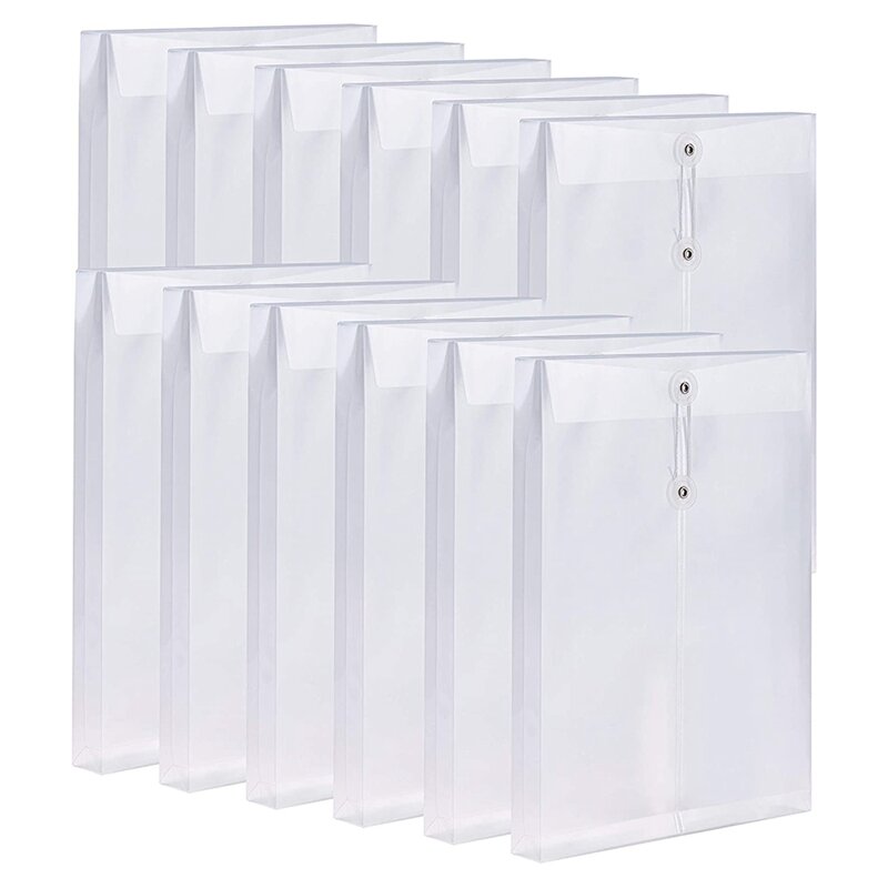 Envelopes de Plástico Transparente Envelopes Poli, Arquivos Expansíveis, Pastas de Documento, com Botão, Encerramento de Gravata, A4, 12 Pack