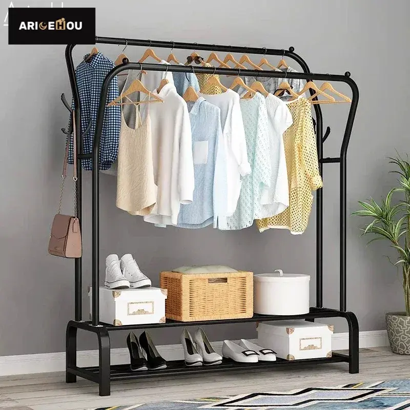 Cabide de vestuário de rack de vestuário livre-pé cabide de roupas com haste superior prateleiras de roupas de armazenamento roupeiro cabide de piso de secagem de pano