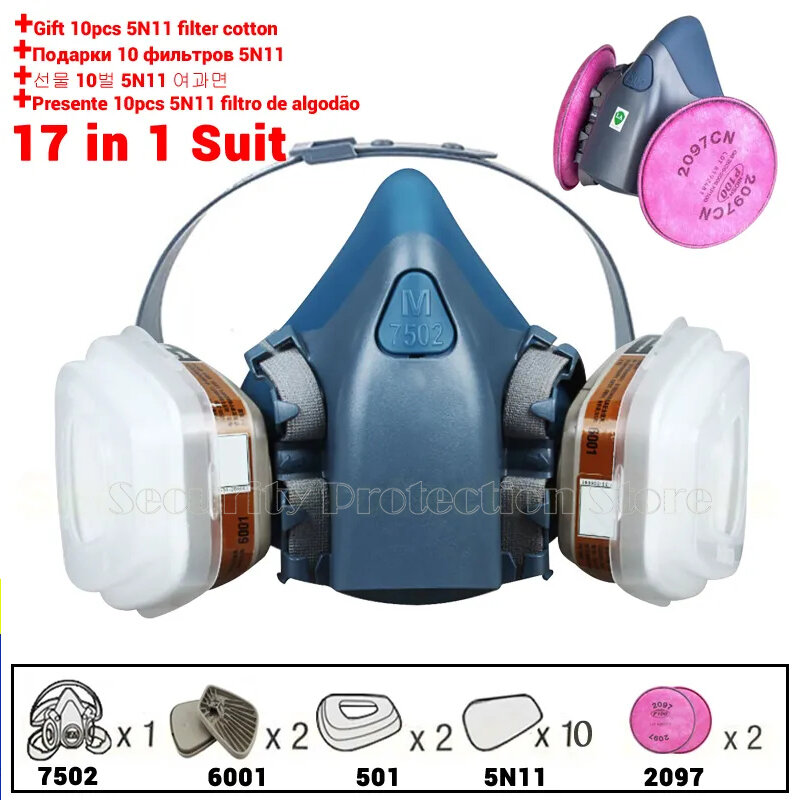 27in1 7502 Dust Gas Respirator Half Face Dust Mask For Painting Spraying Organic Vapor Chemical Gas Filter Work Safety For 3M