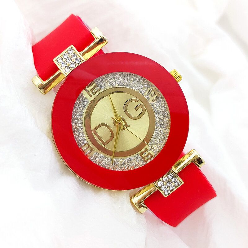 DQG jam tangan kuarsa wanita desain sederhana merek mewah jam tangan modis kreatif Dial besar tali silikon hitam dan putih