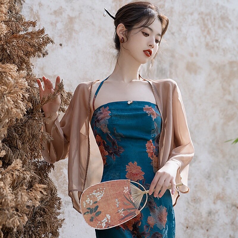 New Chinese Style Female Qipao Sexy Slim Cheongsam Blue Jacquard Flower Evening Party Dress Classic Elegant Banquet Dress