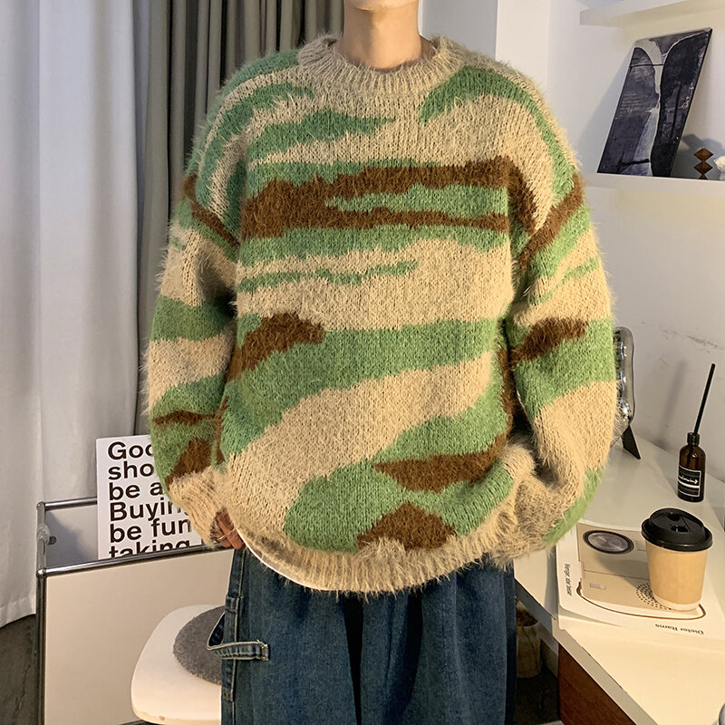 Suéter informal a rayas para hombre, Jersey holgado de punto con cuello redondo, I562, otoño e invierno, 2023