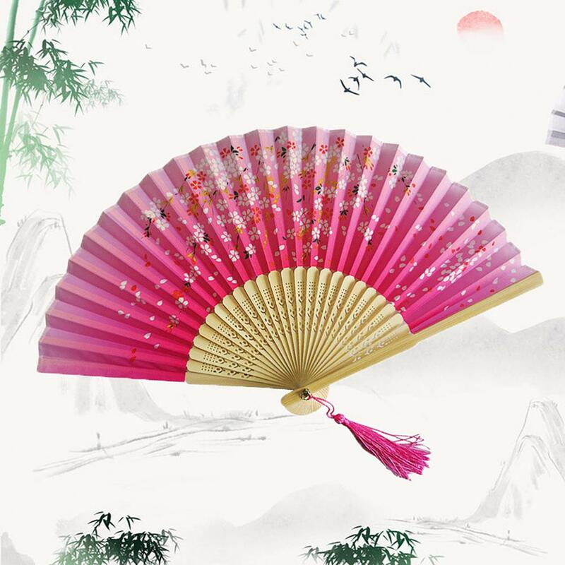 Chinese Style Silk Folding Fan with Tassels Elegant Craftsmanship Folding Fans Dance Wedding Party Favor Bamboo Bone Ornaments