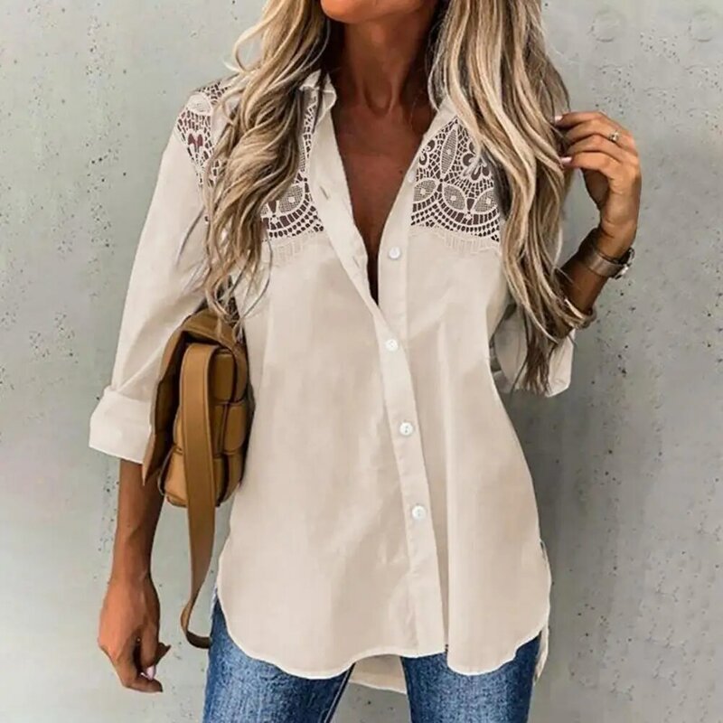 Women Blouse Hollow Out Long Sleeves Single-breasted Buttons Elegant Blouse Women Casual Shirts Lapel Shirt Female Blusas