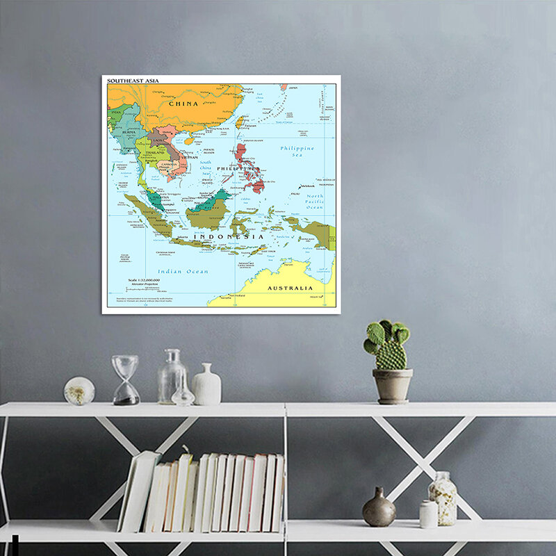 Mapa del sudeste asiático, lienzo no tejido en inglés, póster sin marco, decoración del hogar, suministros para el aula y la escuela, 90x90cm