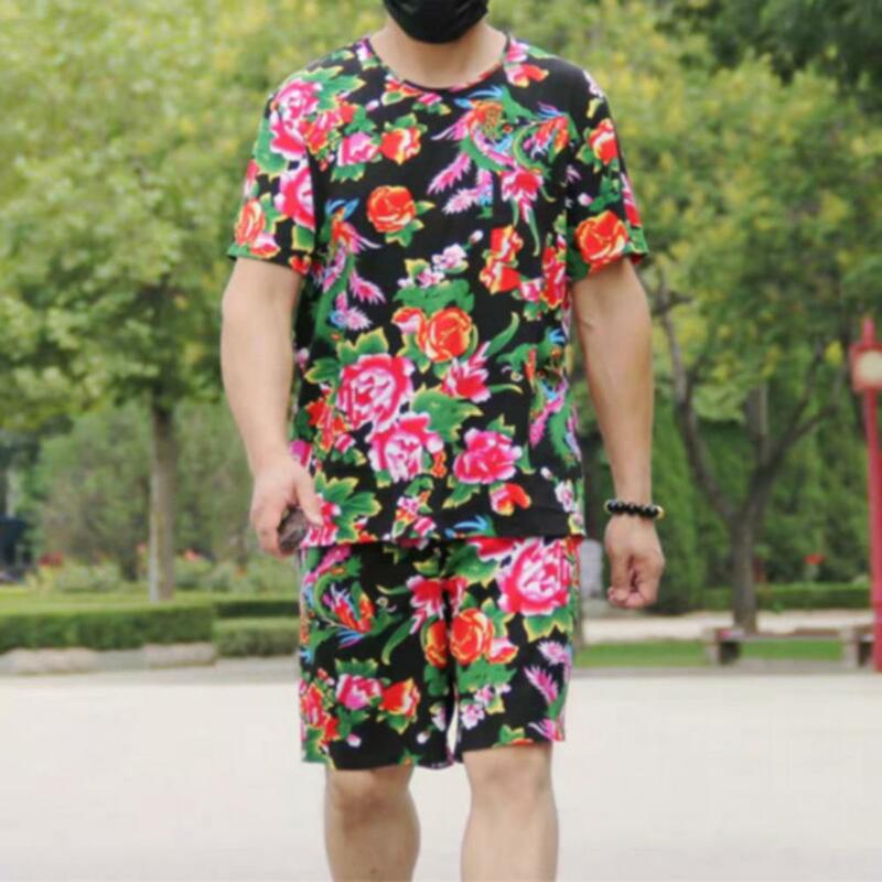 남성 꽃무늬 프린트 의상 세트, O-넥 반팔 상의, 와이드 레그 반바지, 수분 흡수, 중국 민족 스타일