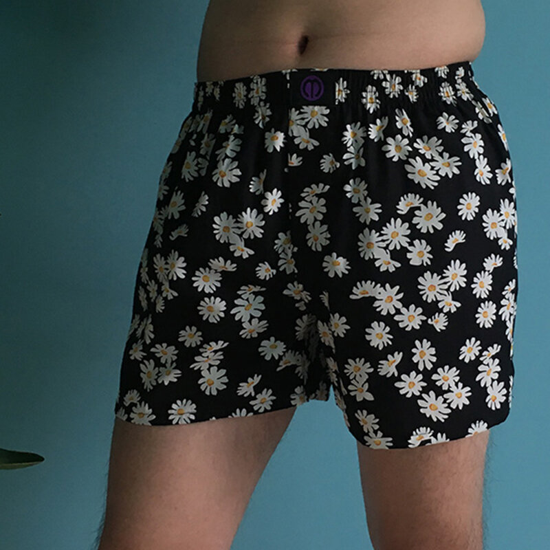 Reine Baumwolle lässig Männer Unterwäsche Boxer schwarz Chrysanthemen muster Schlaf kurze Boxershorts bequeme Haut fühlen Pyjama kurz