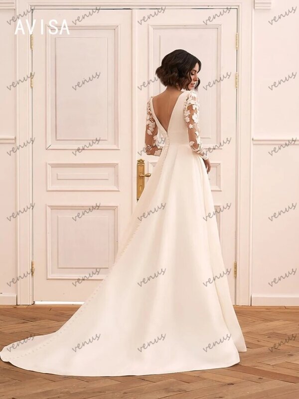 Classic V-neck Wedding Dress Sweep Train 2024 A-Line Backless Satin Party Dresses Full Sleeves Lace Appliques Vestidos De Novia