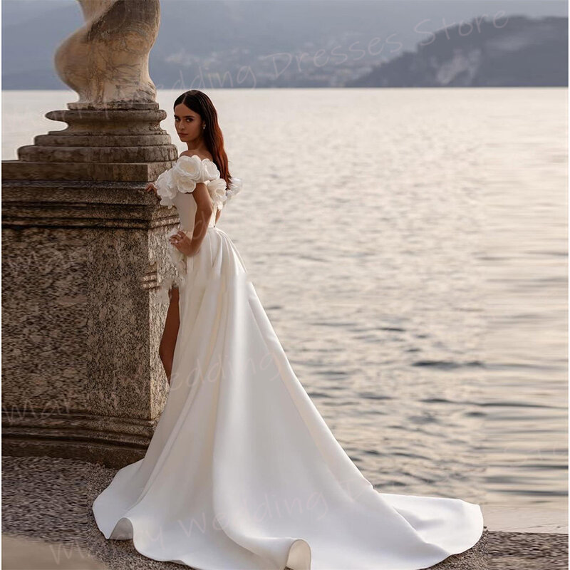 Vestidos de noiva sereia para mulheres, vestidos de noiva elegantes, sexy alto lado dividido, charmoso fora do ombro, flores 3D, novo moderno