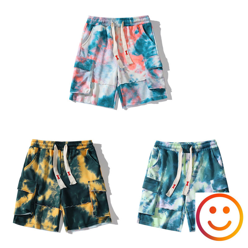 Tie-dye Splicing Cargo Shorts Drawstring Shortpant Men Women Summer Casual Shortpant