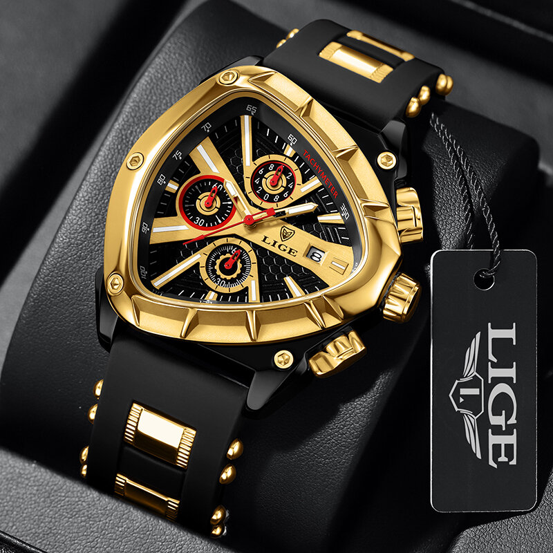 LIGE-Reloj de pulsera de cuarzo para hombre, accesorio de marca de lujo, resistente al agua, luminoso, con fecha, forma triangular, de silicona