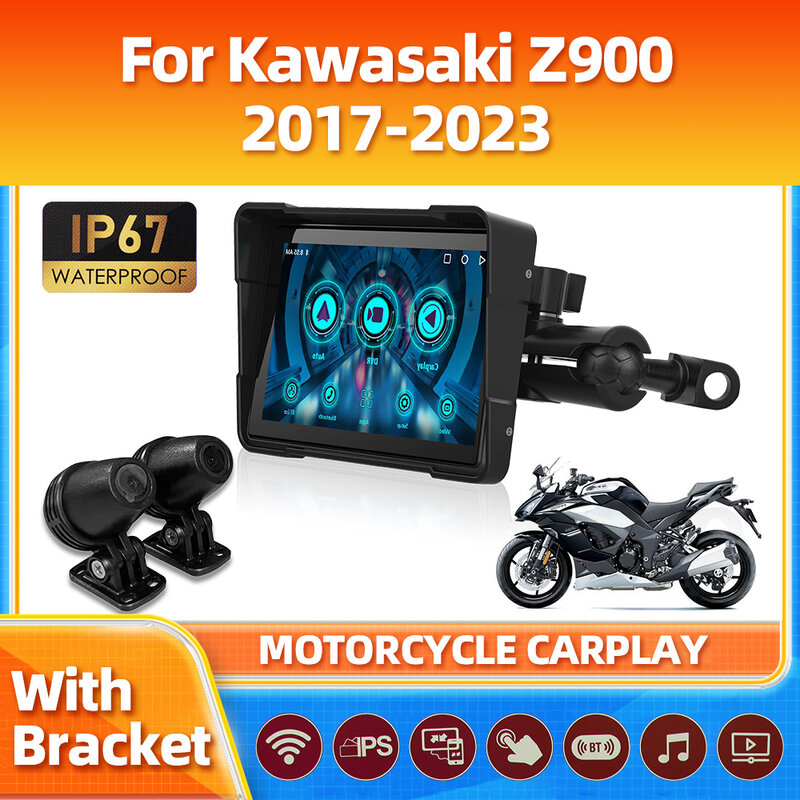 Navegador GPS sem fio da motocicleta, Carplay IP67 à prova d'água, 5 "Touch Screen, Android Auto Monitor para Kawasaki Z900 2017-2023
