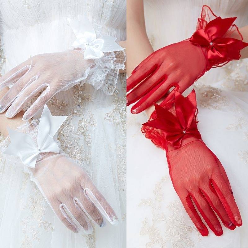 قفازات زفاف قصيرة شبكية ، قفازات زهور من الدانتيل بخمسة أصابع ، تشمل فستان الزفاف