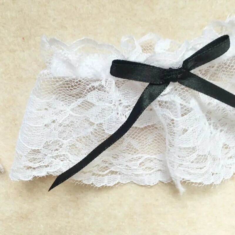 Womens Cosplay Maid 3 Pieces Leg Ring Wrist Band Set White Floral Lace Black Bow