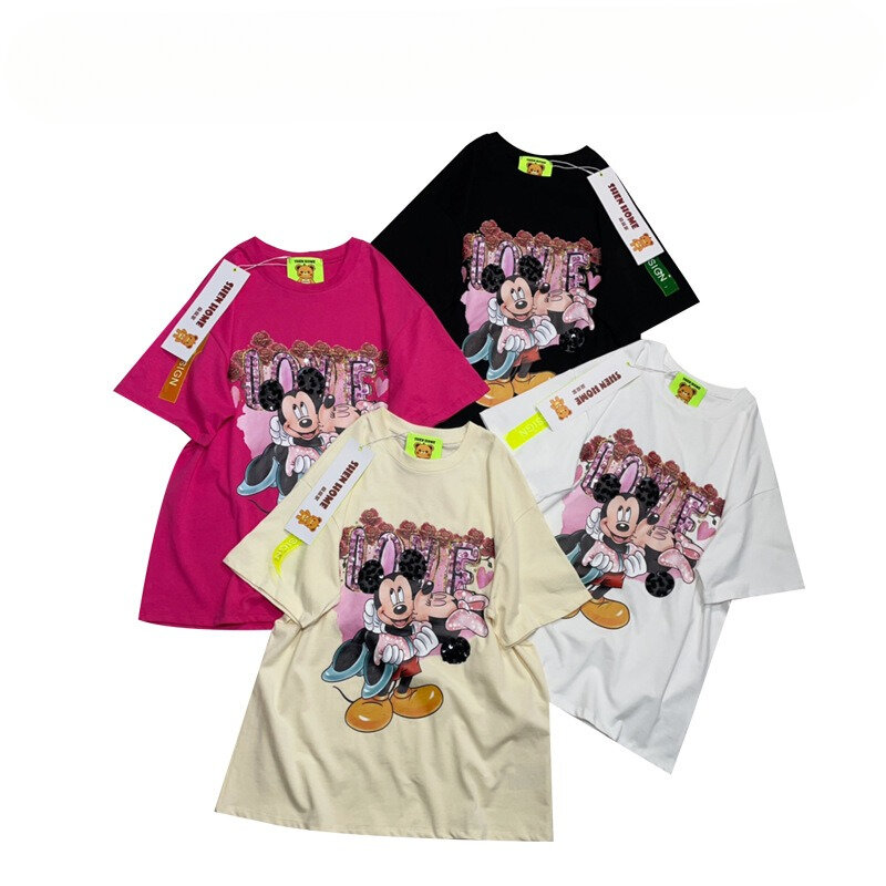 Potdemiel Chic Summer New Korean Style Y2k Clothes All-Matching Cartoon Beaded Print Loose Slimming Short Sleeve T-shirts Female