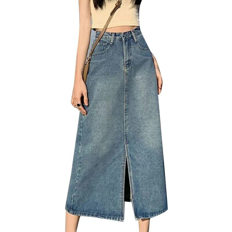 Женские длинные джинсовые юбки с разрезом, летняя джинсовая юбка с высокой талией, новая летняя трапециевидная юбка с обтягивающей ягодицами, юбка в форме груши