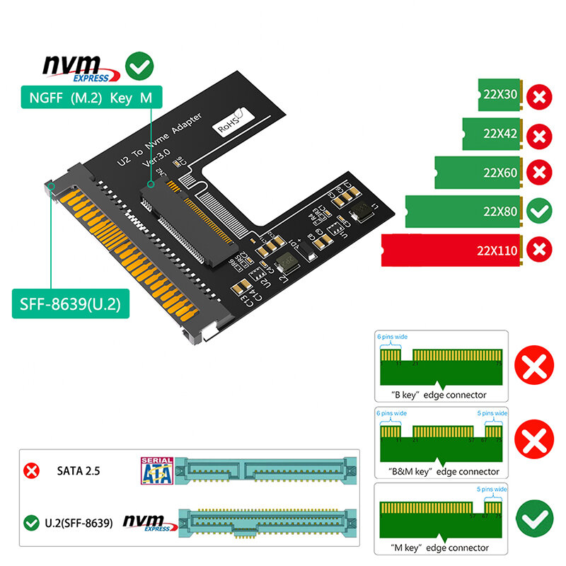 Adaptador SSD M2 NVME a U.2, adaptador de SFF-8639 M.2 NVMe SSD a PCI-e U2 SFF-8639, caja de carcasa de 2,5 pulgadas, convertidor NVME PCIe M2