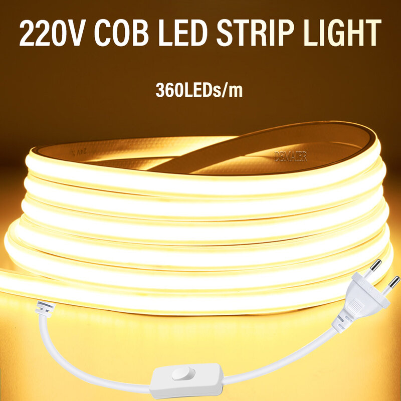 Tira de luces LED COB, cinta Flexible de leds 360/M, 220V, enchufe de la UE RA 90, Blanco cálido, 3000K, 4000K, 6000K, para dormitorio, cocina