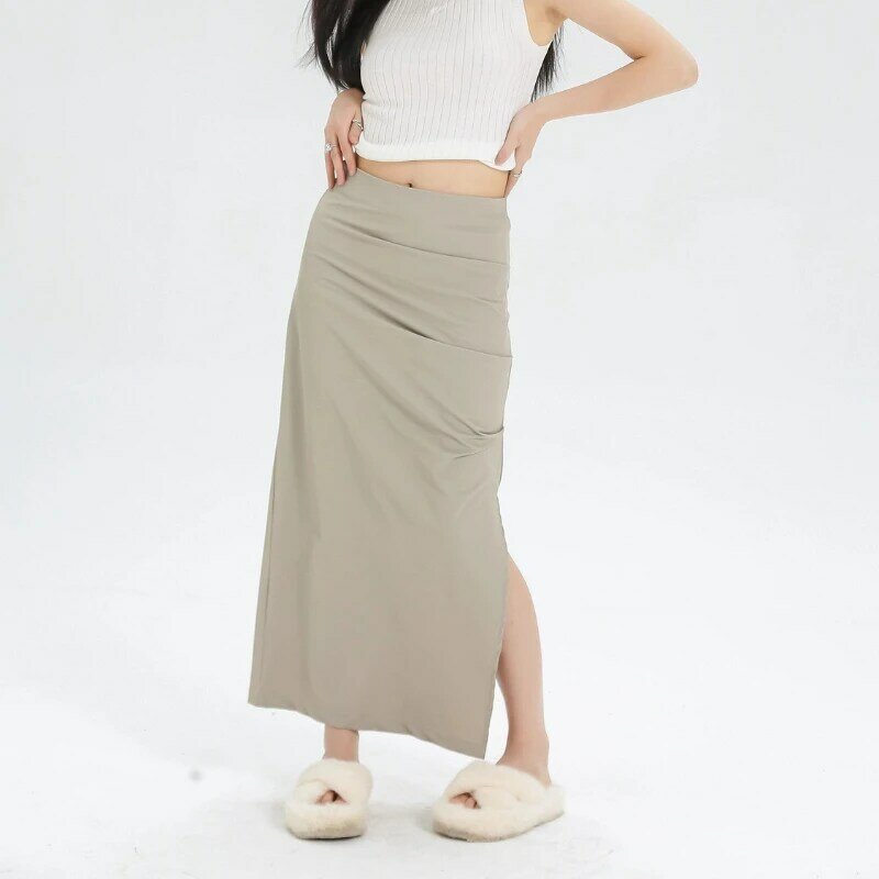 Deeptown-Falda plisada con abertura para mujer, prenda larga, Sexy, lisa, estilo coreano, Vintage, Y2k, informal