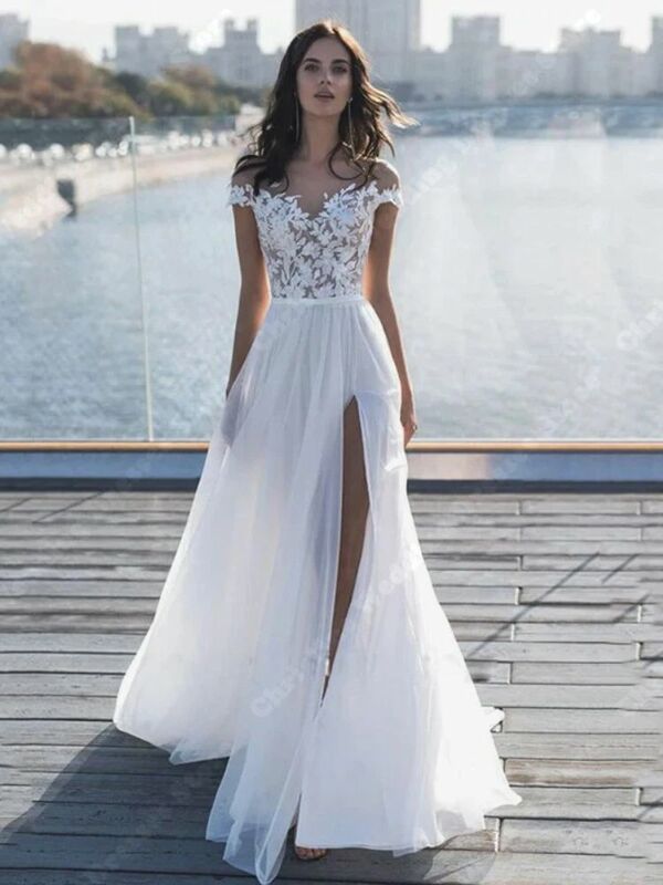 Elegant Pure White Wedding Dresses Off Shoulder Mopping Length Bridal Gown New Modern Lace Appliques Side Slit Vestidos De Novia
