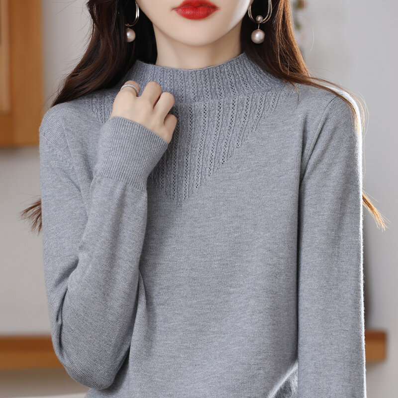 Fall/Winter 2023 New Semi-high Neck Knitted Bottom Shirt Women's Loose Long-sleeved Solid Color with Foreign Sweaters Thin