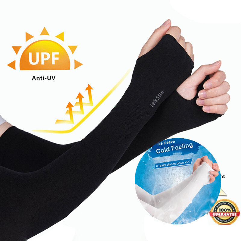 Mangas longas de seda gelo para homens e mulheres, braço anti-queimaduras solares, mangas novas de mão frescas, manga anti-UV, sem dedos, verão