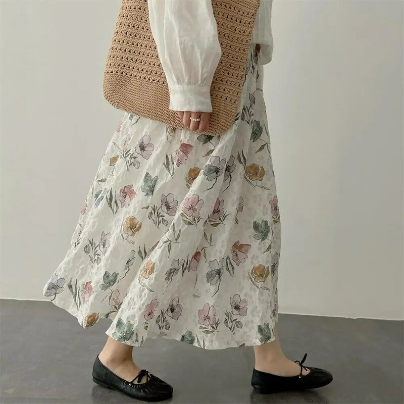 Floral Combed Cotton A-line Midi Skirt for Women