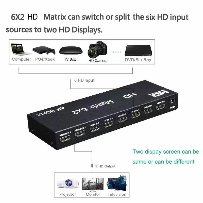 Commutateur matriciel HD 4K 6x2 60Hz, répartiteur de commutateur 6 en 2 sorties avec optique R/L, extracteur audio vidéo pour convertisseur compatible HDMI