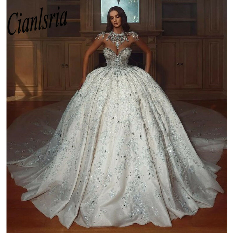 High-end diamantes de cristal dubai vestido de casamento vestido de baile querida sem mangas miçangas saudita árabe vestido de noiva