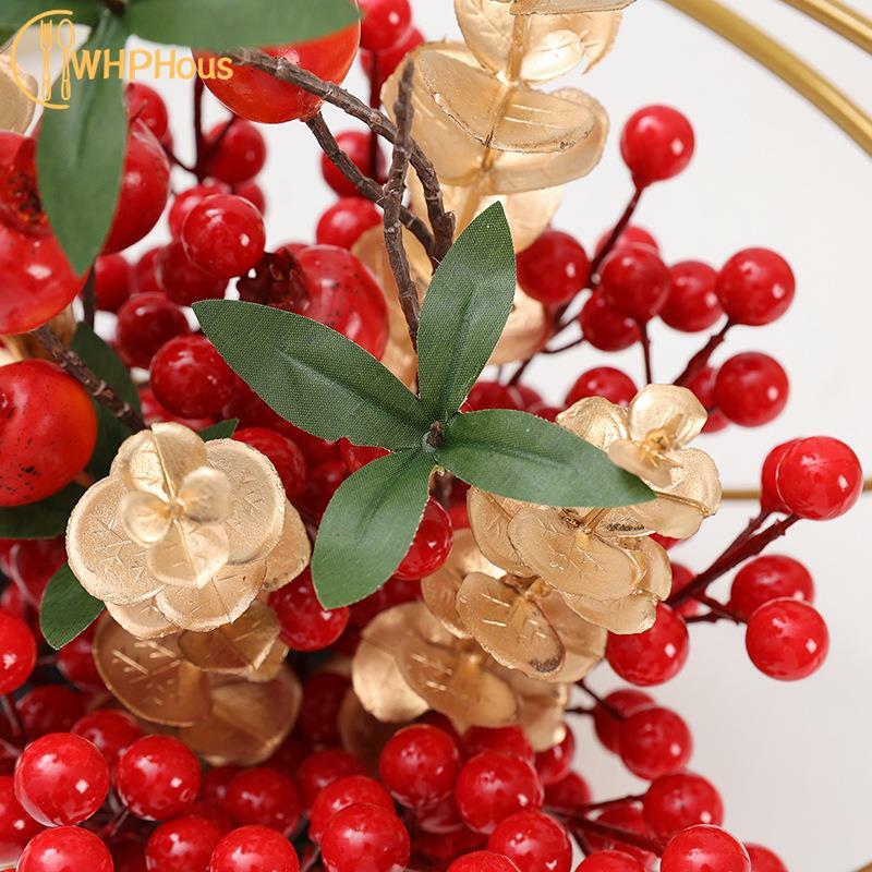 Набор богатых фруктов на новый год, Китайский праздник весны, Золотой веер, лист, красный фрукт, новогодний цветок, ведро фу