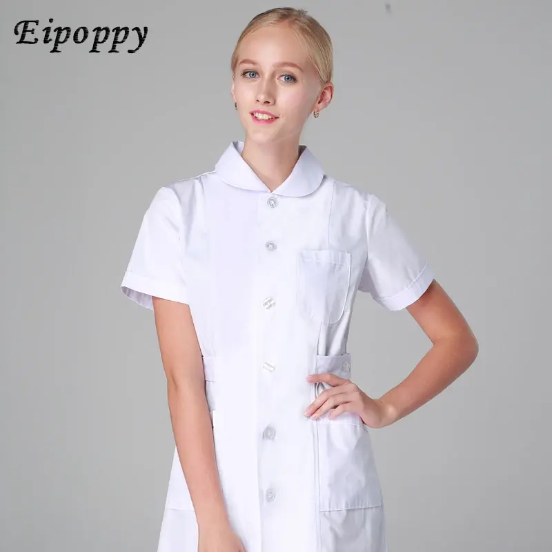 Comprimento total das mulheres de enfermagem esfrega uniformes, vestido branco robe, jaqueta de comprimento total, SPA esteticista trabalho veterinário usar uniforme