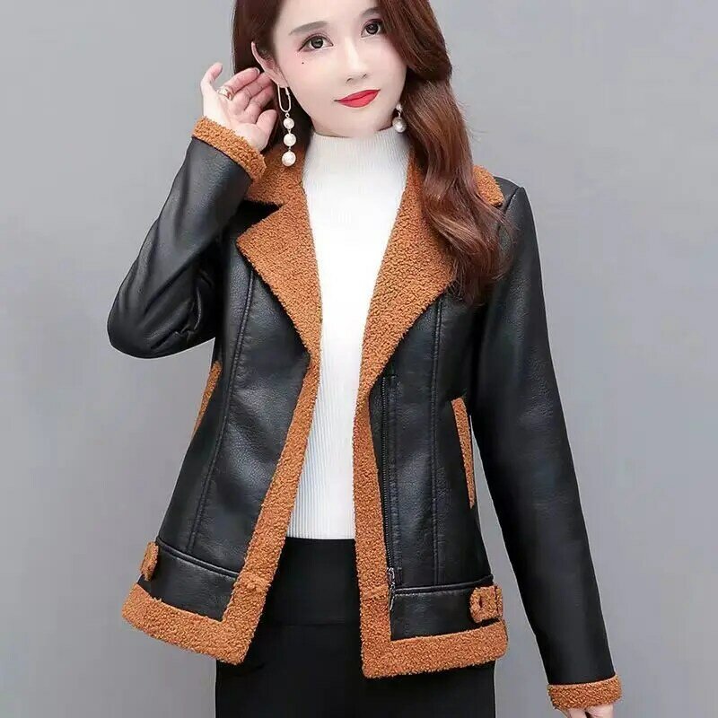 2023 Korean Fashion Lamb Wool Coats Women Streetwear Faux Fur leather Jacket Woman Autumn Winter Thick Warm Plush PU Coat traf