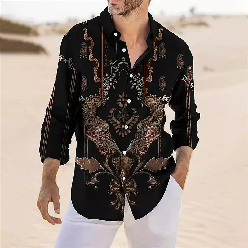 Men's Tops Long Sleeve Lapel Button Shirt Prom Casual Outdoor Street Pattern Blue Gold 2023 Fashion New Plus Size 6XL