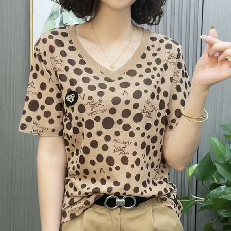 2024 New Summer Korean Style Retro Loose Casual Office Lady T-shirts for Women Polka Dot Print V Neck Short Sleeve Y2K Chic Tops