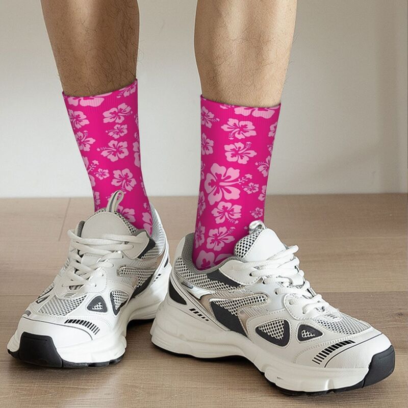 Тропические ярко-розовые носки с цветочным принтом гибискуса, гавайский принт, мягкие чулки Харадзюку, всесезонные длинные носки, аксессуары