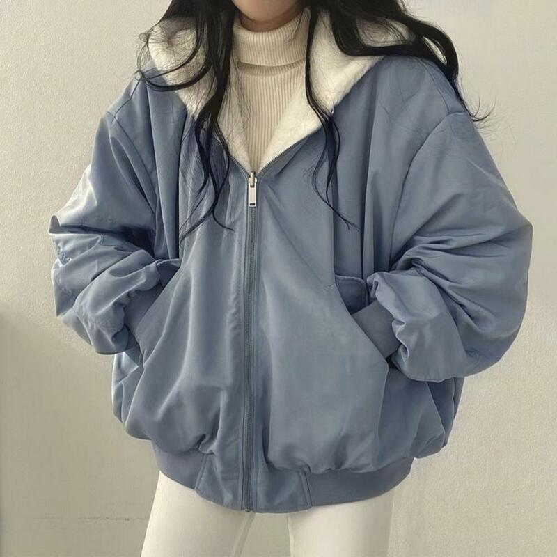 Women Winter Coat Thick Plush Cotton Jacket Solid Color Hooded Zipper Closure OutweR Windproof Elastic Cuff Pocket Couple Jacket