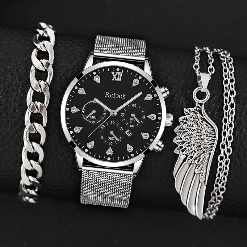 3PCS Set Fashion Mens Calendar Watches Men Business Silver Bracelet Wings Necklace Stainless Steel Mesh Belt Quartz Wrist Watch