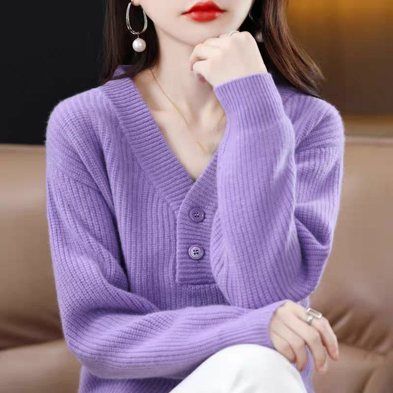 Pulover wanita warna polos, Sweater lengan panjang komuter elegan mode kasual benang sekrup leher V musim gugur dan musim dingin