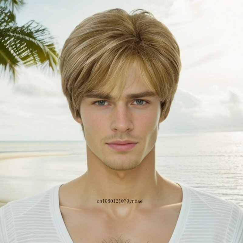 Mieszanka peruki blond dla mężczyzn włosy syntetyczne krótkie peruki z prostymi włosami męskie naturalny wygląd codziennie na imprezę Cosplay na co dzień odporne na ciepło