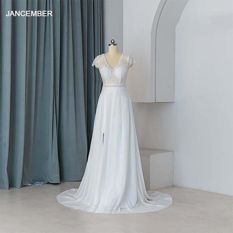 Robe de mariée en dentelle à col en V pour la mariée, manches courtes, robe trapèze, nouvelle conception populaire, QW01656, 2024